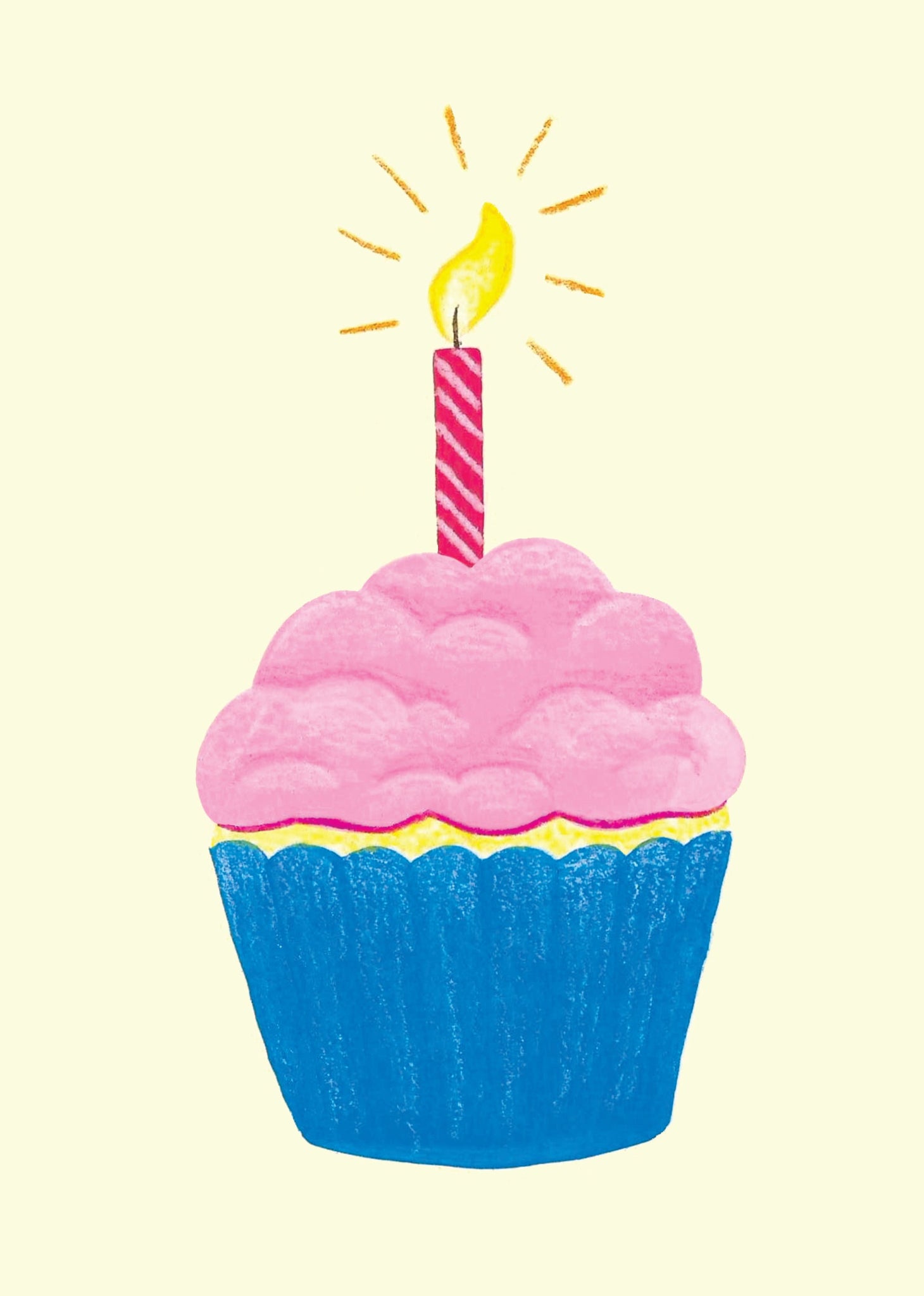 Illustration of a birthday cupcake with a lit candle on a yellow background