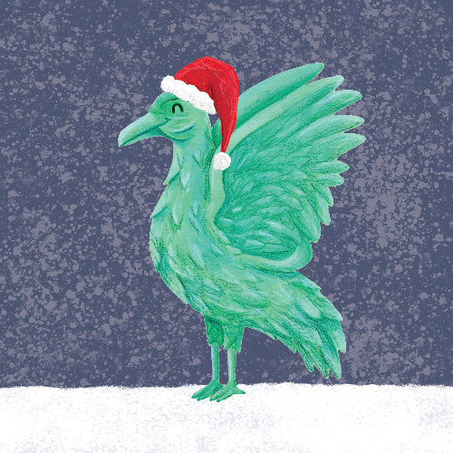 Liverbird wearing a red Santa hat on a blue snowy background