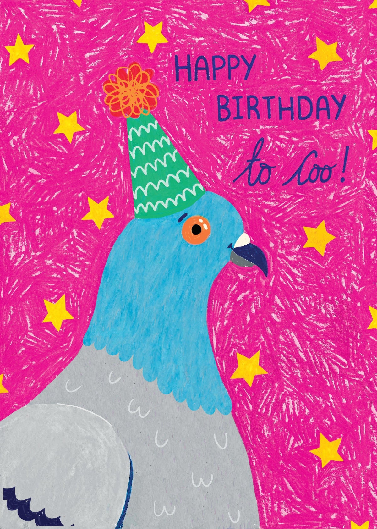 Birthday card with a colourful pigeon wearing a party hat on a pink background with stars.